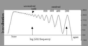 Frequency Coding & Localization 11 Excitation pattern of a complex tone on the basilar membrane 12 1 Frequency Mechanisms 2 Hz 4, Hz SPL (db) 8 6 Audibilty Curve (Threshold of hearing) Place