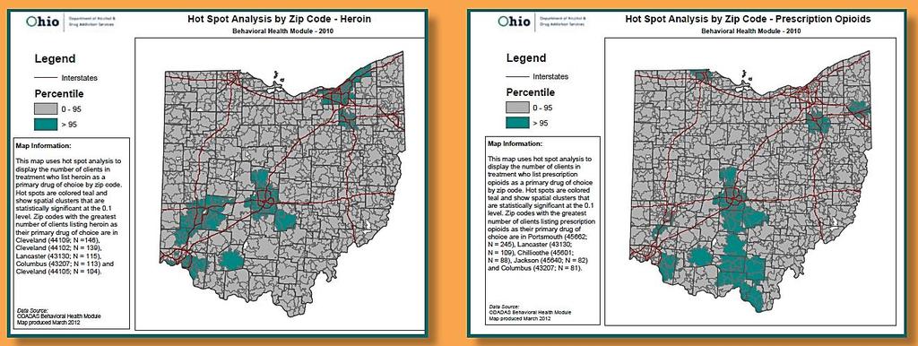 Geospatial Analyses Reveal Hotspots Source: Ohio Department of Alcohol and Drug Addiction Services SFY 2012 Annual Report This map uses hot spot