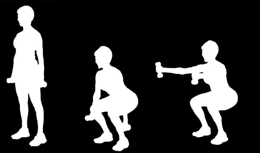 EXERCISE DEMONSTRATIONS BASIC SQUAT 1. Start with feet just wider than hip-width, chest lifted, and abdominals pulled in. 2.