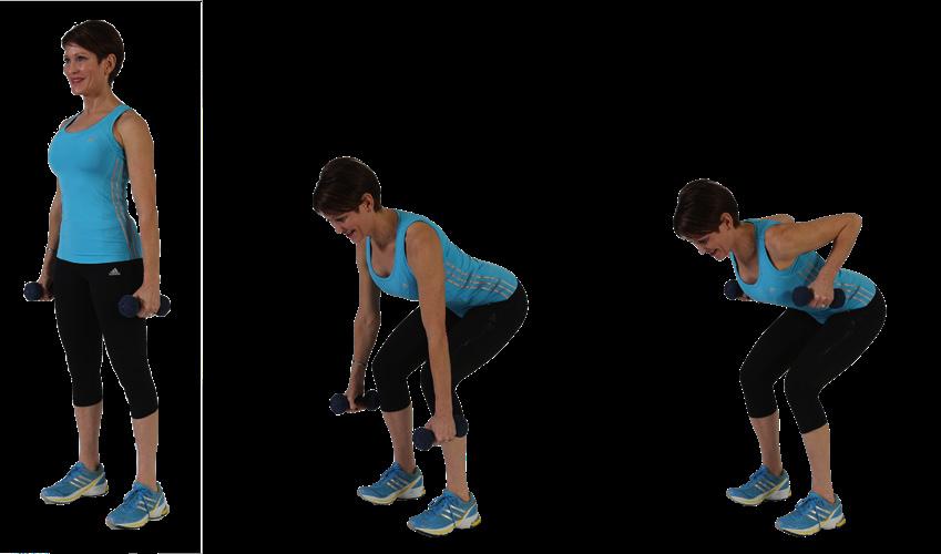 Place hands on thighs to start (to support back) or alongside your body, with dumbbells in hand. Pause at the bottom and push up to return to standing. 4.