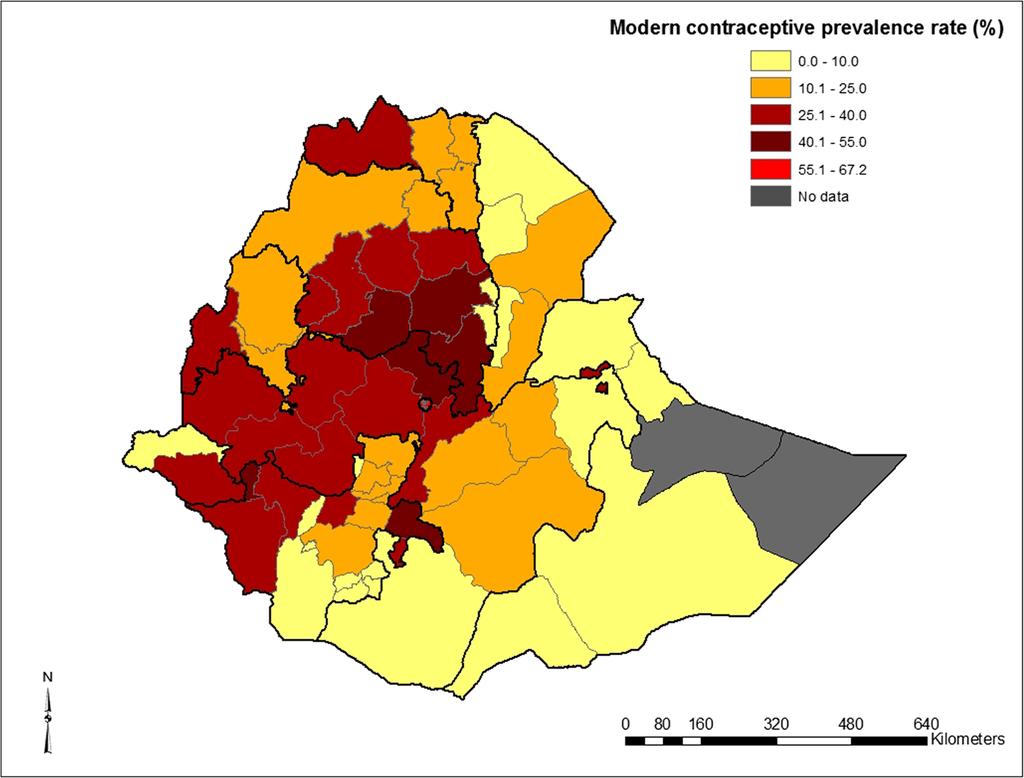 Lakew et al. Reproductive Health 2013, 10:52 Page 7 of 10 Figure 2 Map of zonal modern contraceptive use among married women in Ethiopia, 2011. use of modern contraception in Ethiopia.