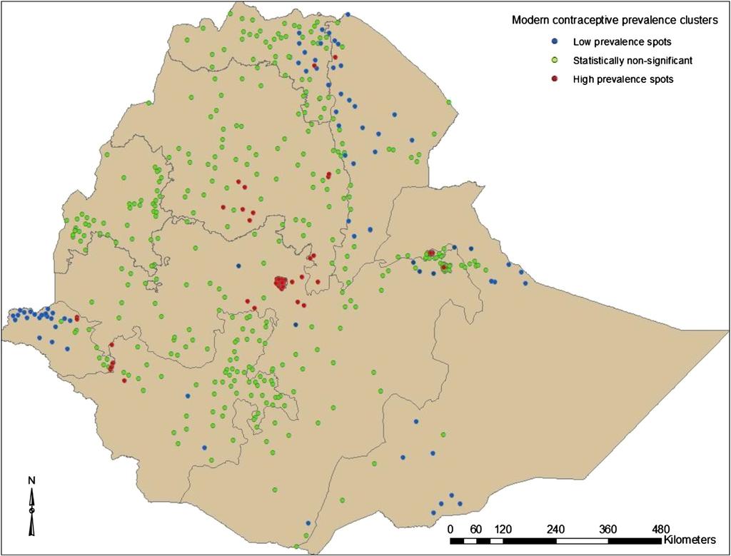 Lakew et al. Reproductive Health 2013, 10:52 Page 9 of 10 Figure 4 High and low prevalence clusters of modern contraceptive use among married women in Ethiopia, 2011.