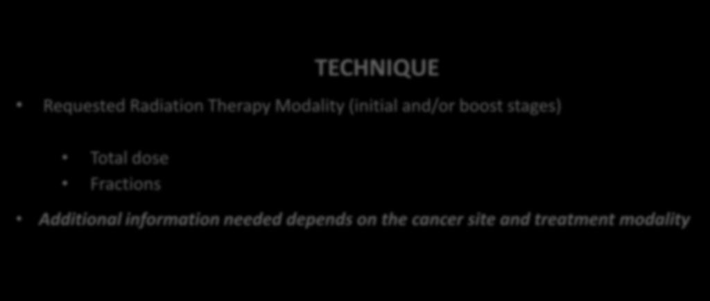 (T,N,M stage) Treatment intent TECHNIQUE Requested Radiation Therapy Modality (initial and/or boost