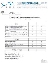 4//0 STOPBANG sleep apnea risk assessment Chung F, Subramanyam R, Liao P, Sasaki E, Shapiro C, Sun Y. High STOP-Bang score indicates a high probability of obstructive sleep apnoea. Br J Anaesth.