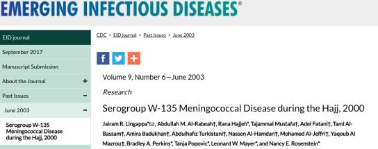 Hajj vaccine recommendations 264 suspected cases of meningococcal disease in Mecca 253 (96%) lab confirmed with 179 (71%) positive by CSF or blood culture Seventy patients died, for a case-fatality