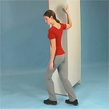 Stage 2 Exercise 5 Stand in a walking position. Bend your elbow and support the forearm against a door frame or corner.