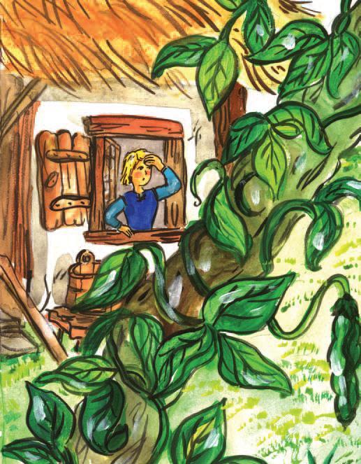 The next morning, Jack looks out of the window. He is amazed to see a giant beanstalk. He goes outside to take a look. I wonder where it ends, says Jack. I think I ll climb up and see.