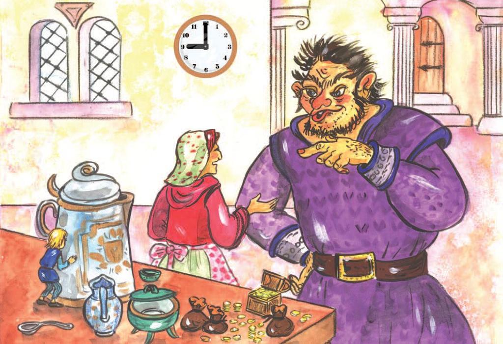 While having breakfast, they hear a terrible knock at the front door. Dearie me, it s my husband, the Giant. You must hide! says the woman. And she pushes Jack behind the kettle.