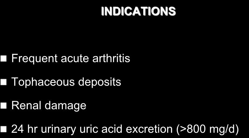 Reduction of uric acid INDICATIONS