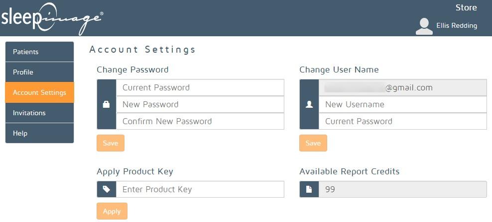 Account Settings In this Tab, Clinicians can update their password, User name (email address) and apply Product Keys to their account.