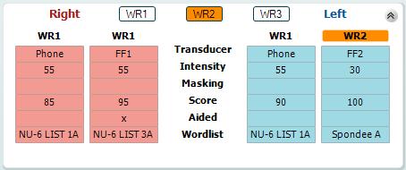 Affinity Instructions for Use - US Page 36 The WR Table The word recognition (WR) table allows for measuring multiple WR scores using different parameters (e.g. Transducer, Test Type, Intensity, Masking, and Aided).