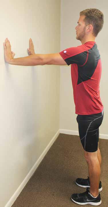 Without bending your elbows, slightly retract the shoulder blades (pull them together) then push against the wall and protract the shoulder blades (push them