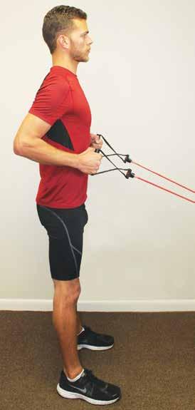 Hips Squat to Row A. Standing, resistance band attach to low anchor point, band pulled into a row B.