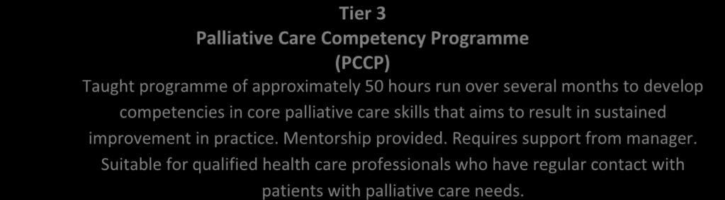 Tier 3 Palliative Care Competency Programme (PCCP) Taught programme of approximately 50 hours run over several months to develop competencies in core