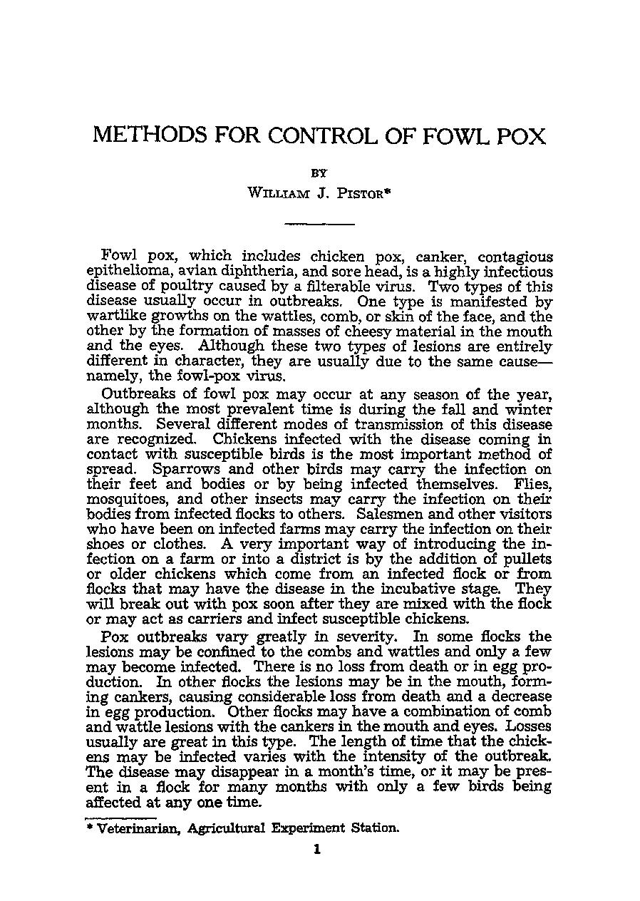 METHODS FOR CONTROL OF FOWL POX BY WILLIAM J.