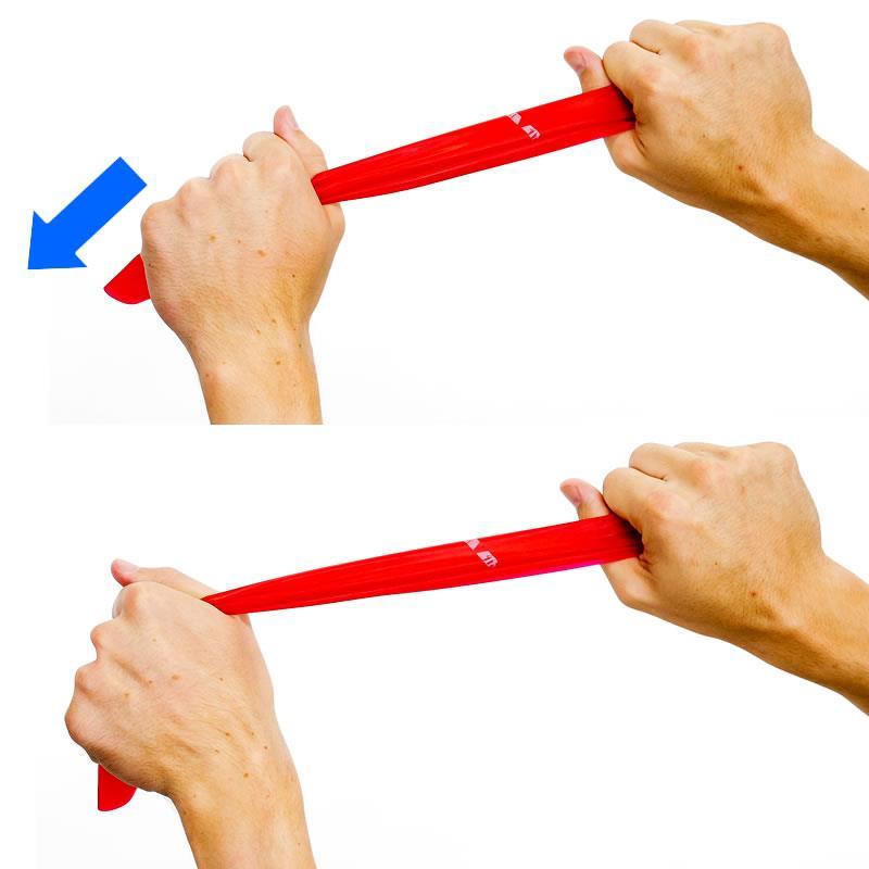 Elastic Band Wrist Ulnar Deviation Rest your arm on a table or thigh holding the elastic band with palms down as shown.