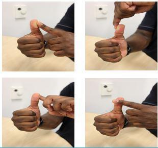 4 Way Thumb Isometrics Hold the target thumb in an upright ( thumbs up ) position. Using the opposite hand, gently press on the target thumb.