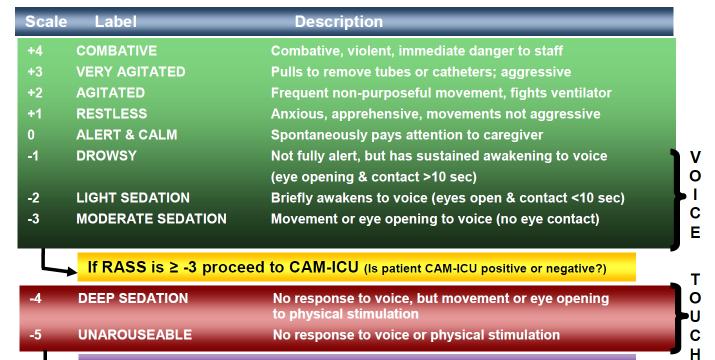 Confusion Assessment Method for the ICU (CAM-ICU) 1 Change/fluctuating mental status last 24h Yes 2 Inattention: < 8/10 commands followed Yes Disorganized Thinking: Unable to do Sequential command or