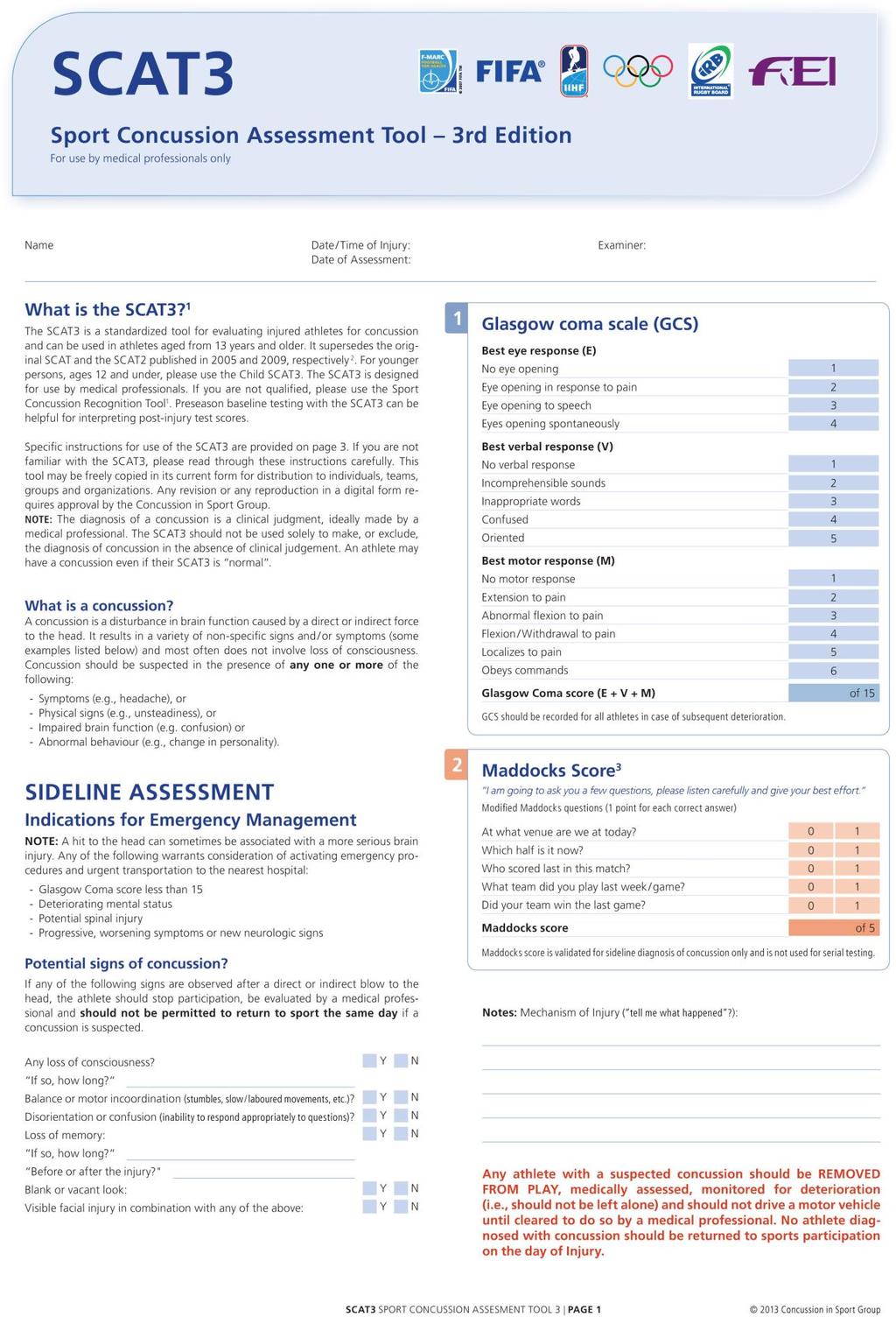 ANNEXURE A SPORT CONCUSSION ASSESSMENT TOOL (SCAT3)