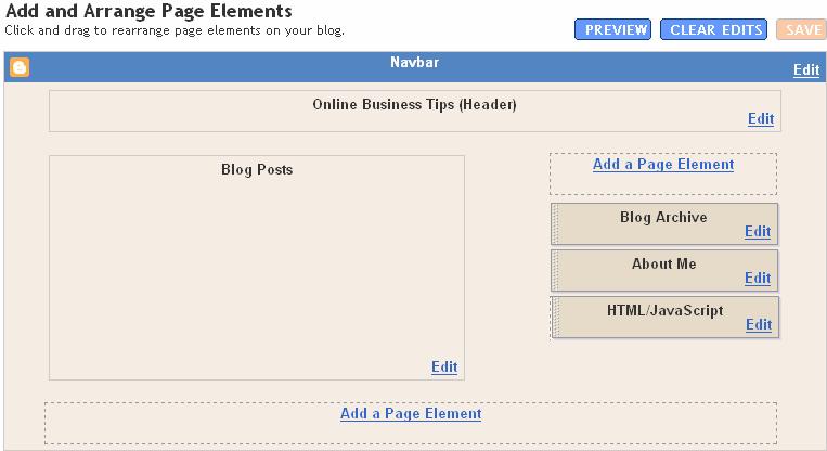 Gambarajah 17 : Sub menu page elements Melalui page elements, anda juga boleh edit / mengubah kandungan di dalam setiap page element tersebut termasuk mengubah tajuk blog, mengubah kod HTML / java