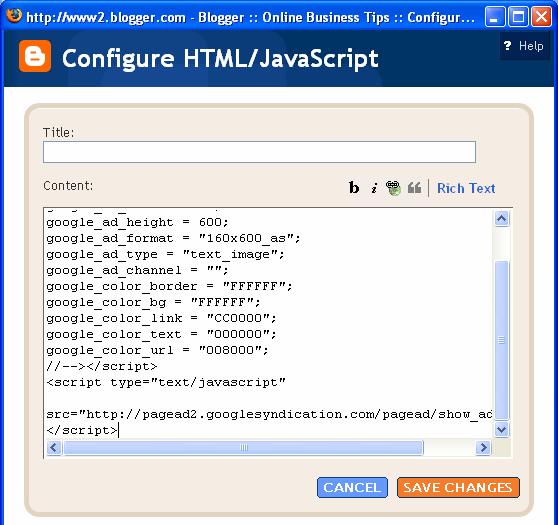 c. Seterusnya tekan kategori HTML / JavaScript untuk dimasukkan ke dalam blog anda. Selepas itu, tetingkap seperti dalam gambarajah 20 di bawah akan muncul.