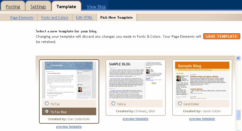 Pick New Template Menu ini menempatkan beberapa template menarik yang disediakan oleh blogger.com.
