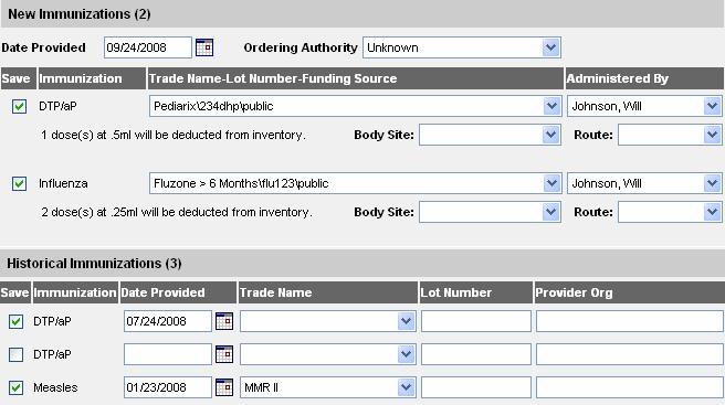 Enter a default immunization date in the Date Administered field using the MM/DD/YYYY format, or use the pop-up calendar by clicking the calendar icon to the right of the field.