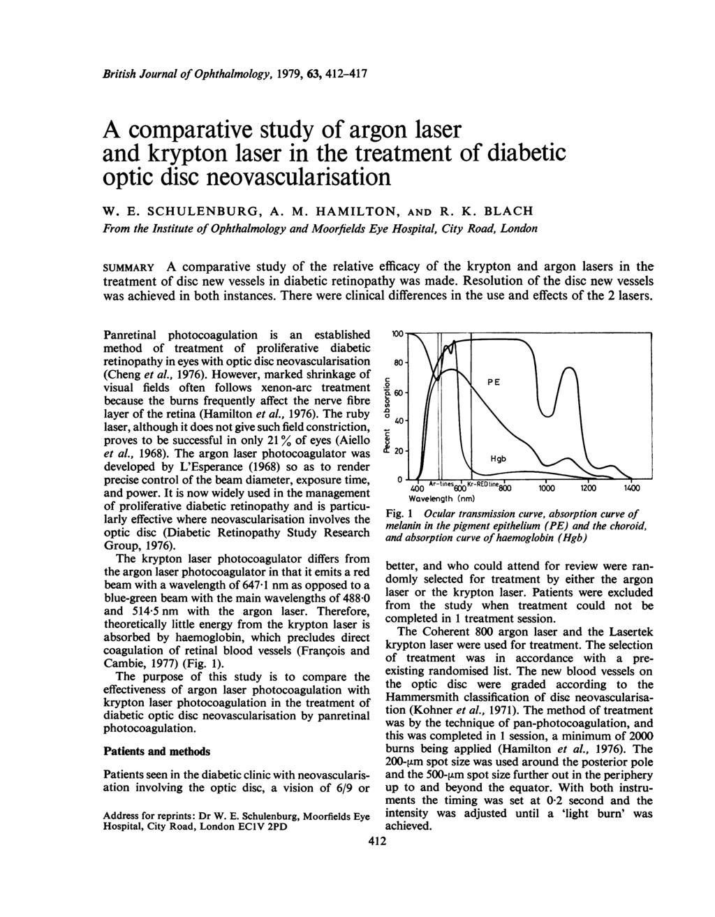 British Journal of Ophthalmology, 1979, 63, 412-417 A comparative study of argon laser and krypton laser in the treatment of diabetic optic disc neovascularisation W. E. SCHULENBURG, A. M.