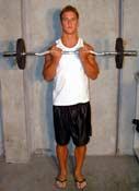 Your two hands together should be in the shape of a big V. While standing, hold the bar at arm's length in front of you.