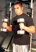 Dumbell Hammer Curls Tips: With a dumbbell in each hand, stand with your arms hanging at your sides, palms facing each other. Keep your elbows locked into your sides.