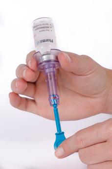 Remove the blue protective Syringe Cap. figure 4 d) Insert the Syringe into the top of the Filling/Vial Adapter.