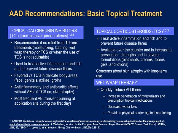 AAD Recommendations: Basic Topical Treatment There are two basic therapies; one are topical steroids and the others are topical calcineurin inhibitors.