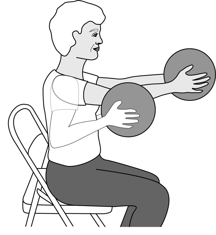Ball Chest Press Seated in a chair with good posture, hold a ball with both hands at chest level, palms facing toward each other and elbows bent.