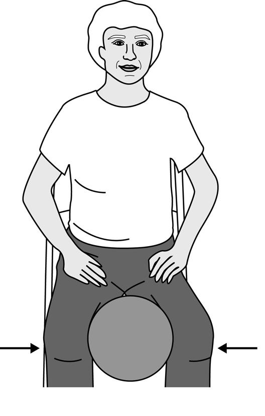 Inner Thigh Squeezes Sitting toward the edge of a chair with good posture and knees bent, place a ball in between your knees; press the knees together to squeeze the ball, taking about 1 to 2 seconds