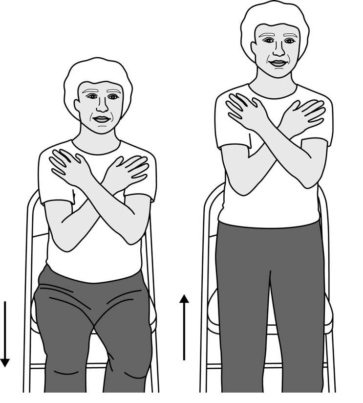 Chair Stands In a seated position with good posture and feet flat on the floor, cross your arms over your chest or hold a ball with both hands at chest level.