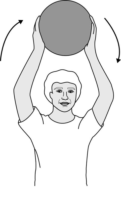 Sunshine Arm Circles Seated in a chair with good posture, hold a ball in both hands with arms extended above your head and/or in front of you, keeping elbows slightly bent.