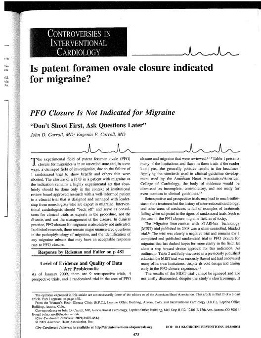 Is patent foramen ovale closure indicated for migraine?