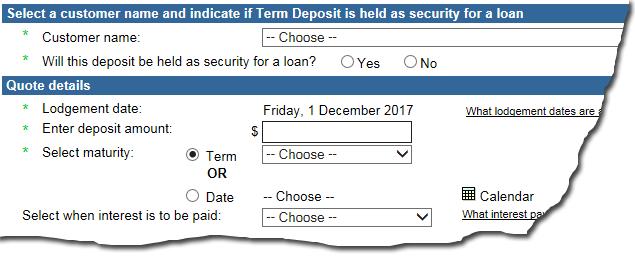 Corporate Online displays the Manage term deposit quotes Enter quote details screen 3.