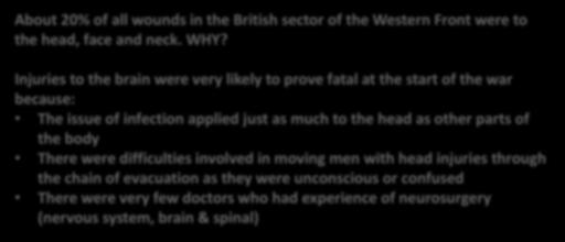 involved in moving men with head injuries through the chain of evacuation as they were unconscious or confused There were very few doctors who had experience of neurosurgery (nervous system, brain &