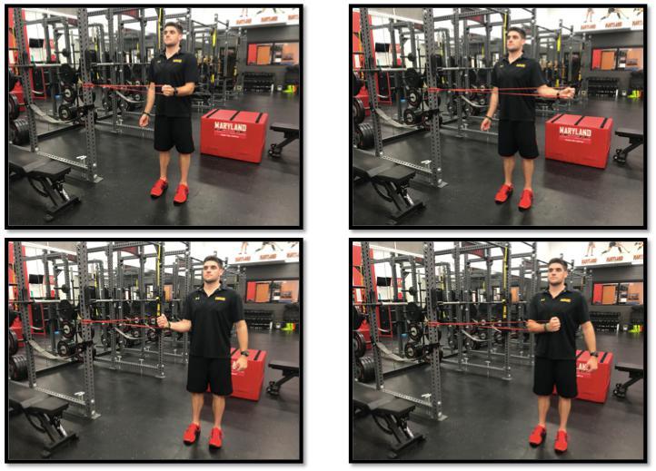 External/Internal Rotation o Stand tall with feet at hip width and shoulders back. Keep your elbow at 90 degrees at the side of your body, and hand at elbow level.