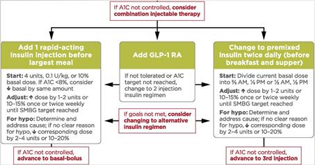of multiple injections - Option to add on more meals Add GLP-1 agonist or SGLT2i or DPP4i ADA: non-inferior efficacy of basal insulin + GLP-1 - Less weight gain/ hypoglycemia - Consider cost and