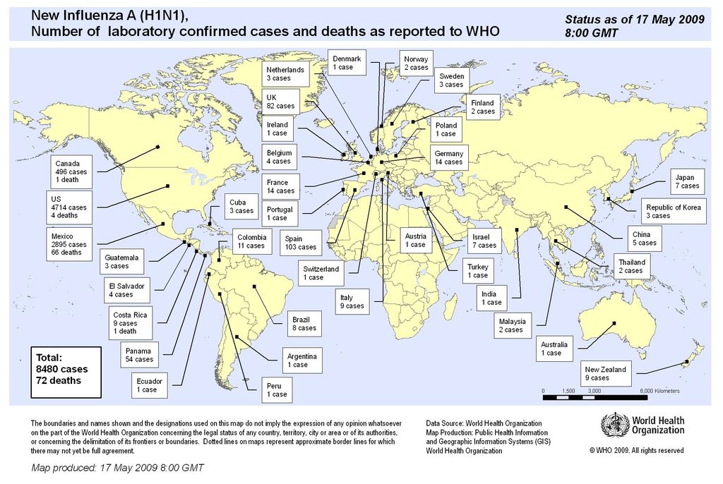Harta raspandirii gripei A(H1N1) swl: numar de imbolnaviri si decese confirmate prin metode de laborator - situatia la 17 mai 2009, 08:00 GMT. (http://www.who.int/entity/csr/don/h1n1map200905017.
