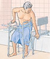 Reach back for the shower chair first with one hand, then the other, as you begin to sit down.