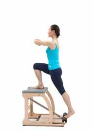 If you are short, step up onto the Chair from the back using a Reformer box or moon box to assist. Keeping the hips level, reach one foot down to the pedal.