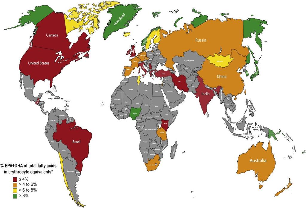 Global Omega-3 Index by country Circulating EPA+DHA levels taken from 24,129 individual subjects 54 countries 398 data sets Converted