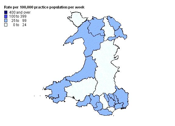 Figure 3. Rapid surveillance of influenza in Wales using Audit+, clinical consultation rate, rolling 7 day rate as at 19/08/09.