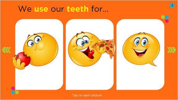 Slide 6 In this interactive slide, students tap on each picture to find out that we use our teeth for: chewing food! biting food! talking!