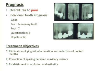(on a test, she would accept both) Don't just write about tooth status or prognosis - need to give overall prognosis based on general factors: **this article on Blackboard Individual tooth prognosis