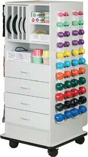 027128 The Combo Storage Rack includes builtin banding storage, pegboard on two sides, (24) hooks and two built-in racks for (20) dumbbells and