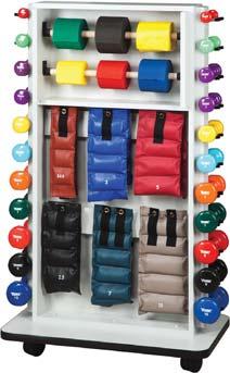 Clinical Supplies STORAGE RACKS (CON T) Mobile Cuff Weight/Dumbbell & Band Rac 2 rods hold up to 6 hollow core 50 yds. band rolls. (All items shown not included.). Solid surface, no pegboard to chip.